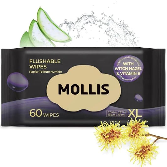 MOLLIS Flushable Wipes for Adults, Extra Large Unscented Wet Wipes with Witch Hazel & Vitamin E, Gentle for Sensitive Skin, 100% Plant-Based, Sewer & Septic Safe, 60 Count