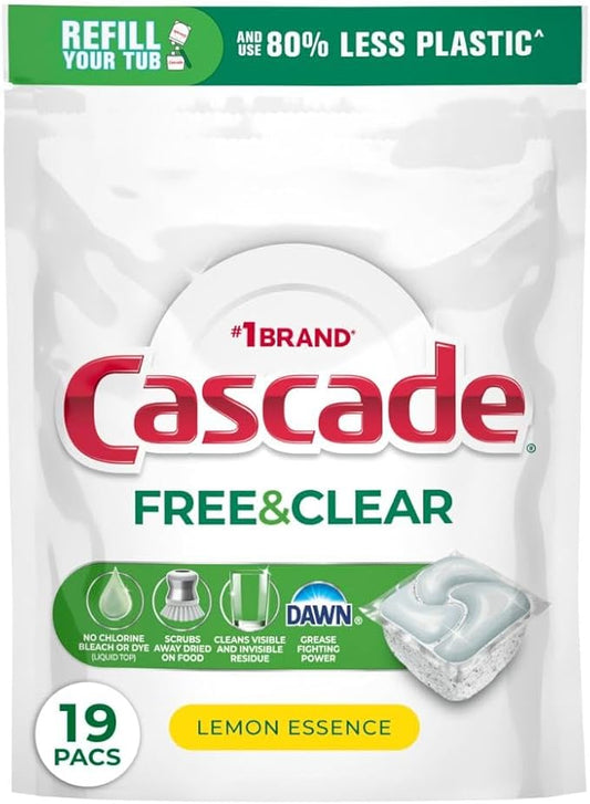 Cascade Free & Clear Dishwasher Pods, Dishwasher Detergent, Dish Detergent Soap, Lemon Essence, 19 Count