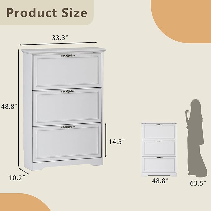 3 Flips Shoe Cabinet for Entryway, Narrow Shoe Storage Cabinet with Adjustable Shelves, Wooden Space-Saving Organizer and Rack for Foyer, Closet, Hallway