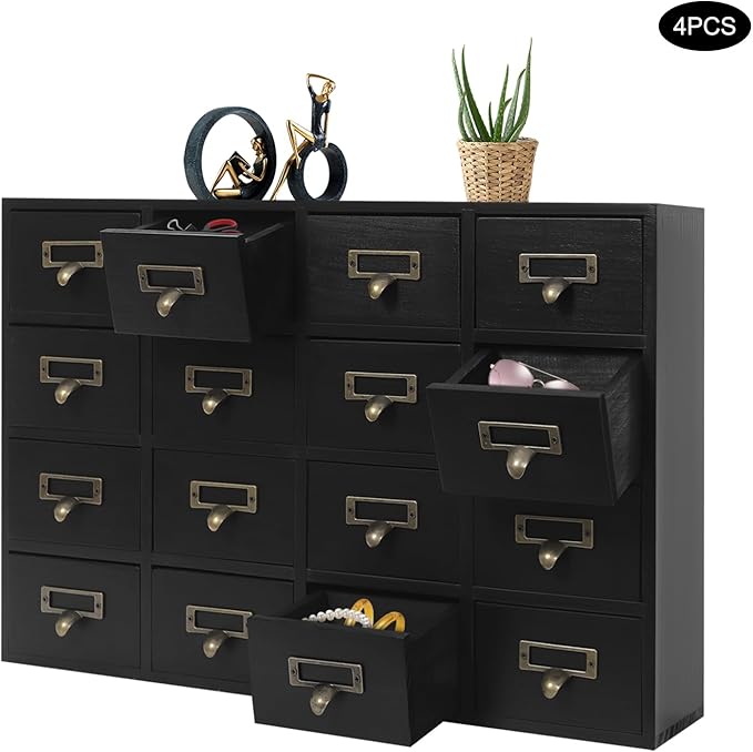4PCS Card Catalog Desk Drawer Organizer,Wooden Vintage Apothecary Cabinet with 16 Drawers,Library Card Catalog Cabinet for Bedroom Home Office