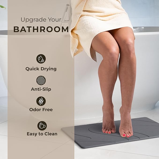Stone Bath Mat, Diatomaceous Earth Non-Slip Stone Shower Mat - Quick Drying Absorbent Bath Mats for Bathroom - Elegant & Modern Design, Easy to Clean (23.5 x 15) - Graphite
