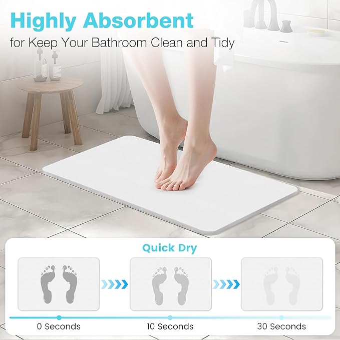 Diatomite Stone Bath Mat, Premium Non-Slip Natural Diatomaceous Earth Bathtub Fast Drying Mats for Bathroom Floor (23.6" x 15.4" White)