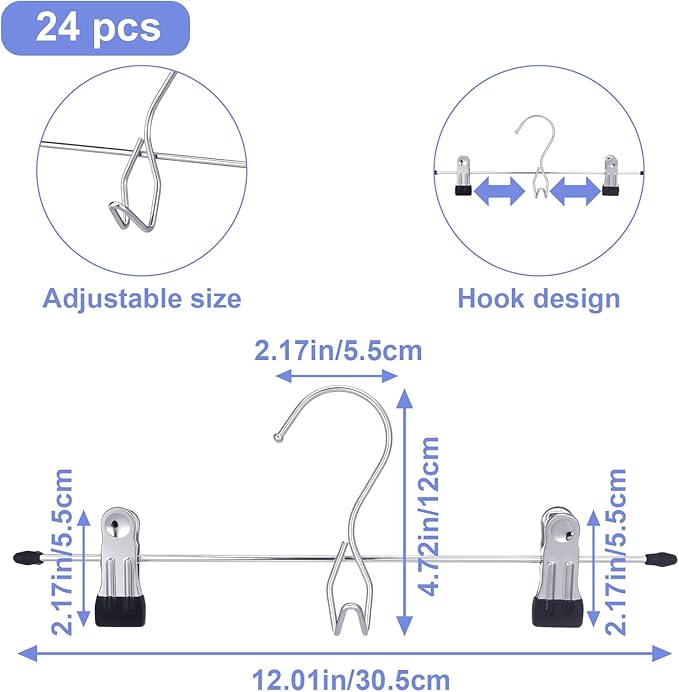 YBEATY 24PCS Skirt Pants Hangers with Clips Space Saving Stackable Hanging Closet Organizer Heavy Duty Adjustable Clothes Storage College Dorm Room Supplies Decor for Shorts Jean Towel Trouser Sock