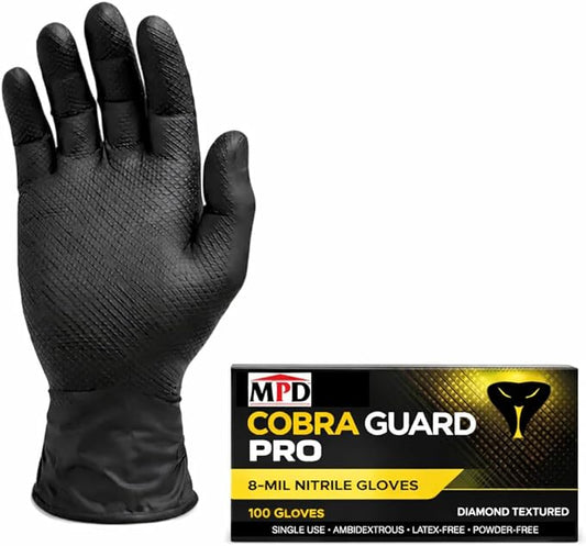MPD Cobra Guard PRO Black 8-Mil Nitrile Gloves, Diamond Textured Torque Grip.