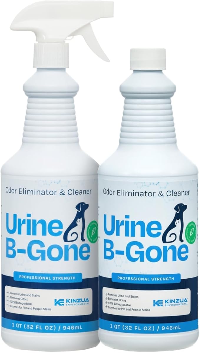 KINZUA ENVIRONMENTAL Urine B-Gone, Professional Enzyme Odor Eliminator & Pet Stain Remover, Human, Cat & Dog Urine Cleaner, Effective on Laundry, Carpets & More, Original Scent, 32oz, Pack of Two