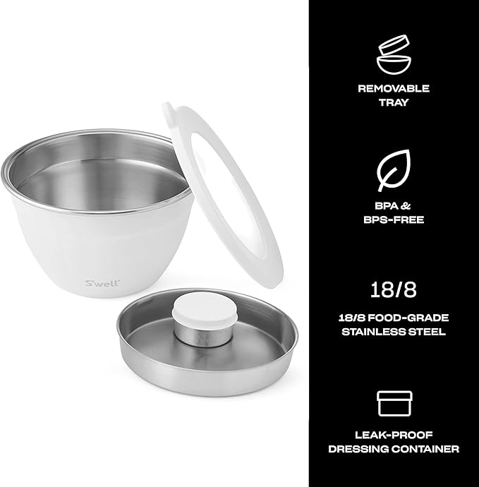 S'well Stainless Steel Salad Bowl Kit 64oz, Moonstone, Comes with 2oz Mini Canister and Removable Tray for Organization, Leakproof, Easy to Clean, Dishwasher Safe
