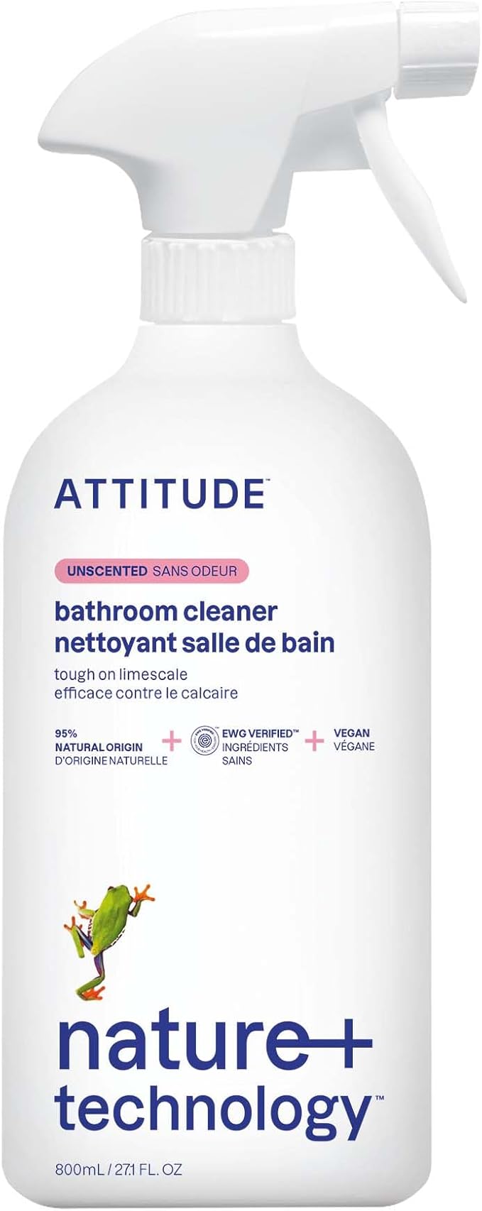 ATTITUDE Bathroom Cleaner Spray, EWG Verified, Plant-Based & Vegan, Safe for Bathroom Surfaces, Tiles, Tubs, Shower Walls, and Grout, Unscented, 27.1 Fl Oz