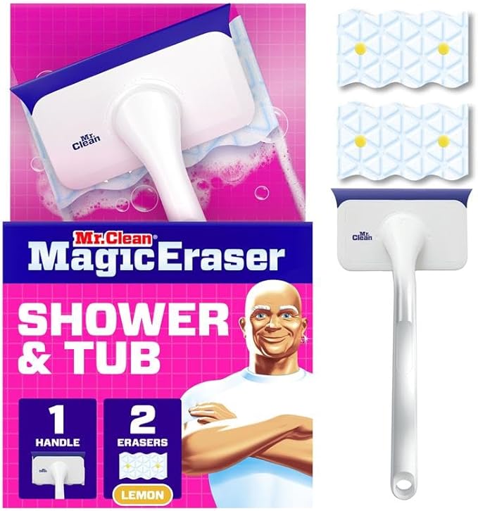 Mr. Clean Magic Eraser Shower & Tub Scrubber, Bathroom Cleaner, All in One Bathroom Cleaner, Lemon Starter Kit, 1 Scrubber & 2 Foaming Magic Erasers