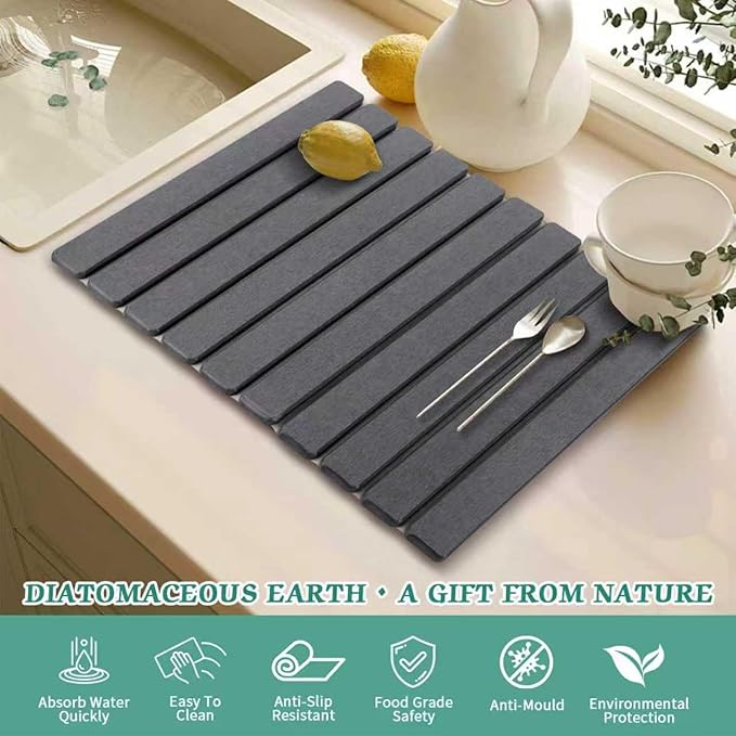 Stone Dish Drying Mat for Kitchen Counter, 24''×15'' Dishes Drying Matt Kitchen Counter, Absorbent Diatomaceous Earth Bath Quick Dry Mats for Tableware, Bottles and Cup (Dark Grey)