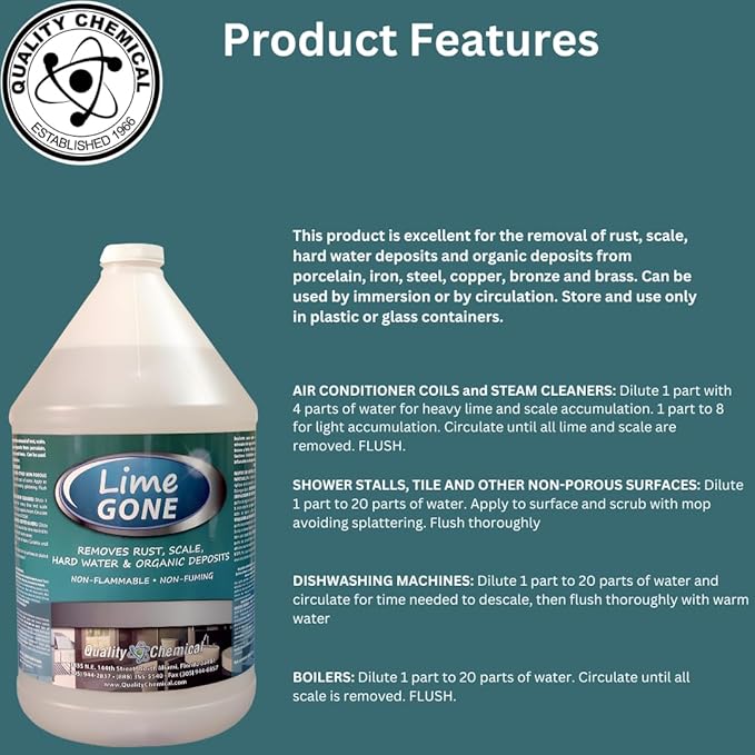 Quality Chemical Lime-Gone Remover - Calcium, Lime and Hard Water Stain Remover for Bathroom, Shower and Tile - Lime a Way - 128 oz (Pack of 1)