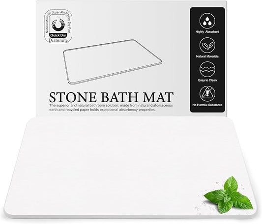 Diatomite Stone Bath Mat, Premium Non-Slip Natural Diatomaceous Earth Bathtub Fast Drying Mats for Bathroom Floor (23.6" x 15.4" White)