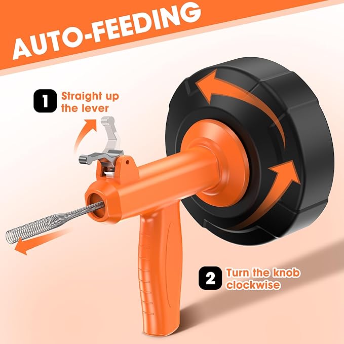 Drain Snake, Drain Auger with Drill Attachment, 25 Feet Plumbing Snake Auto Feed Flexible Hair Drain Clog Remover for Kitchen, Bathrom and Shower Sink with Gloves