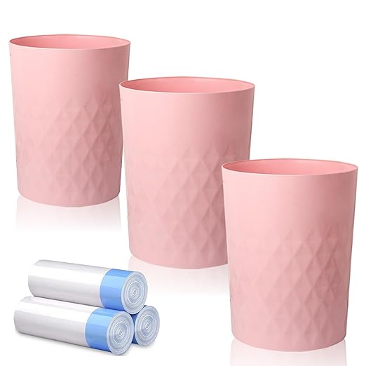 JiatuA 3 Pack Small Trash Can with Trash Bags Bathroom Garbage Bin Round Plastic Waste Basket for Kitchen, Bedroom, Office, College Dorm, Craft Room, Pink