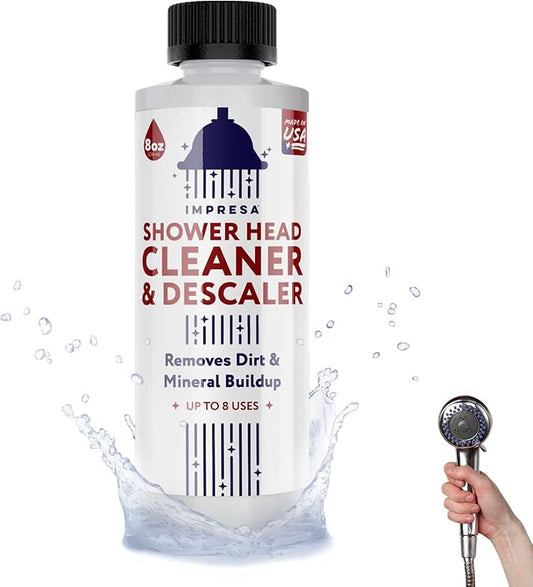 IMPRESA Shower Head Cleaner Solution for Hard Water - 8 fl oz Lemon Scent Liquid - Lime Deposit Remover & Descaler for Shower Heads - Restores Water Flow - Made in USA