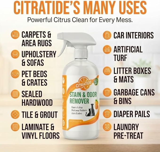 Pet Stain & Odor Remover Spray – Citrus Powered, Non-Toxic, Safe for Pets & Kids, Multi-Surface Cleaner for Carpet, Upholstery, Hardwood & More – USA Made Odor Eliminator