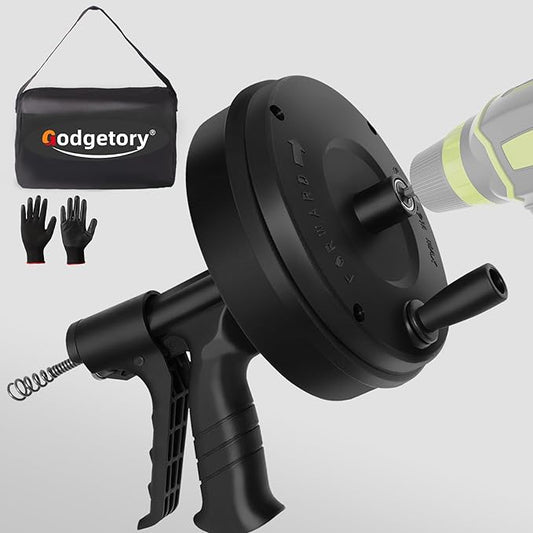 Drain Clog Remover - Fast Unclog Snake | Manual/Drill Powered for Kitchen Sink, Bathtub | Heavy Duty w/Gloves +Storage Bag (Black) (50FT)