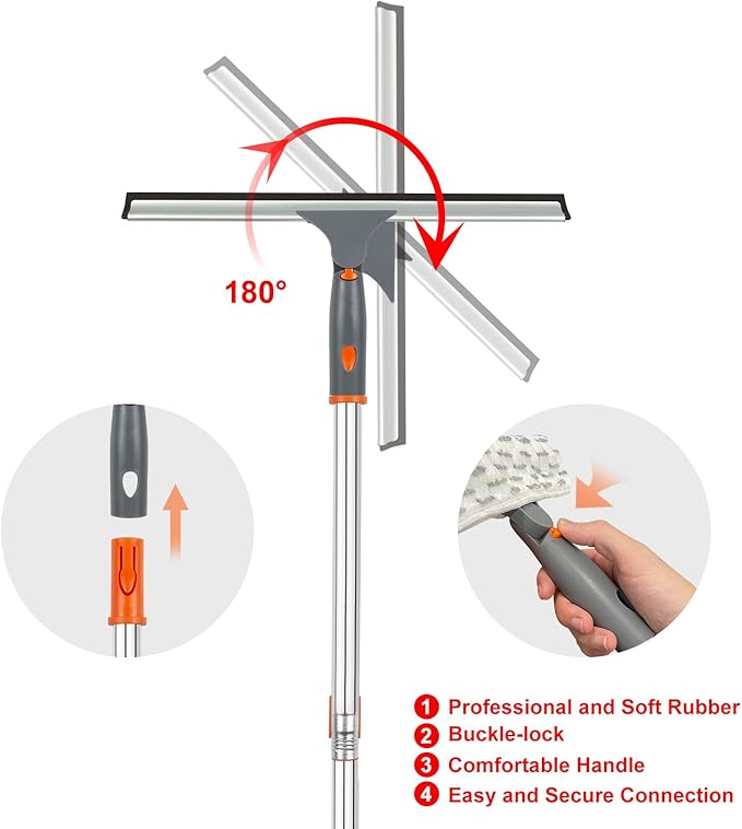 Window Squeegee with Long Handle, 57 inch BITOPE Glass Cleaner Tool with Telescopic Pole, Microfiber Cleaning Pads & Chenille Cloth for Car Windshield, Mirror, Door, Solar Panel, Inside/Outside Window