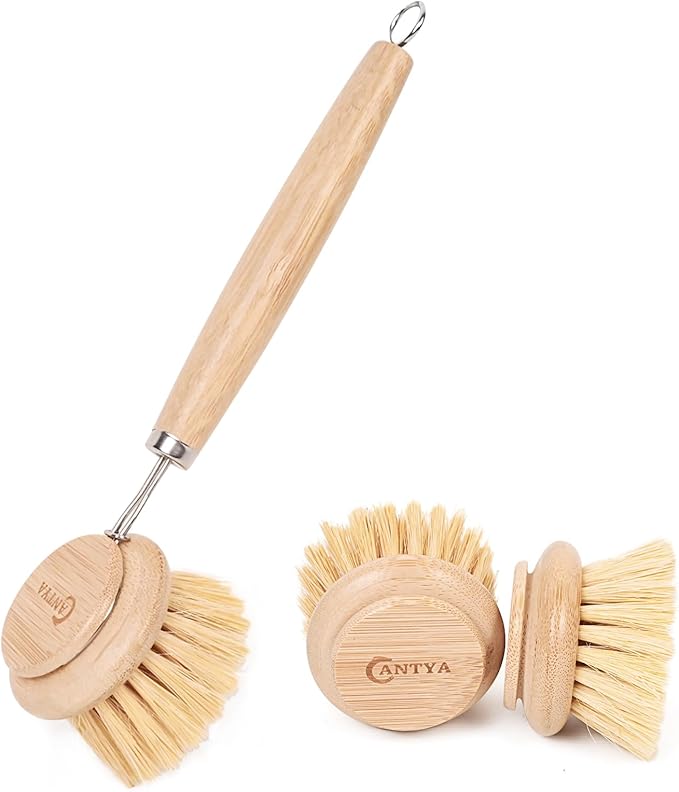 Bamboo Scrub Brush with Handle - Soft Bristles, Non Toxic Dish Brush, Compostable & Biodegradable, Bamboo Dish Scrubber for Cookware, Bowls and Plates, Non-Stick Pans