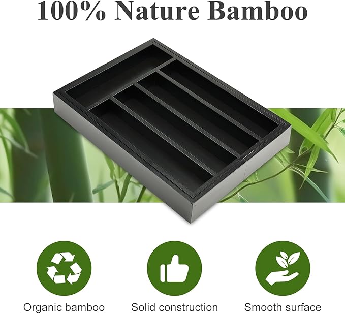 Bamboo Kitchen Drawer Organizer Tray Black Expandable Spoon Silverware Organizer Large Utensil Holder Drawers Divider Adjustable Cutlery Flatware Organizers for Drawer Wood Utensil Silverware Tray