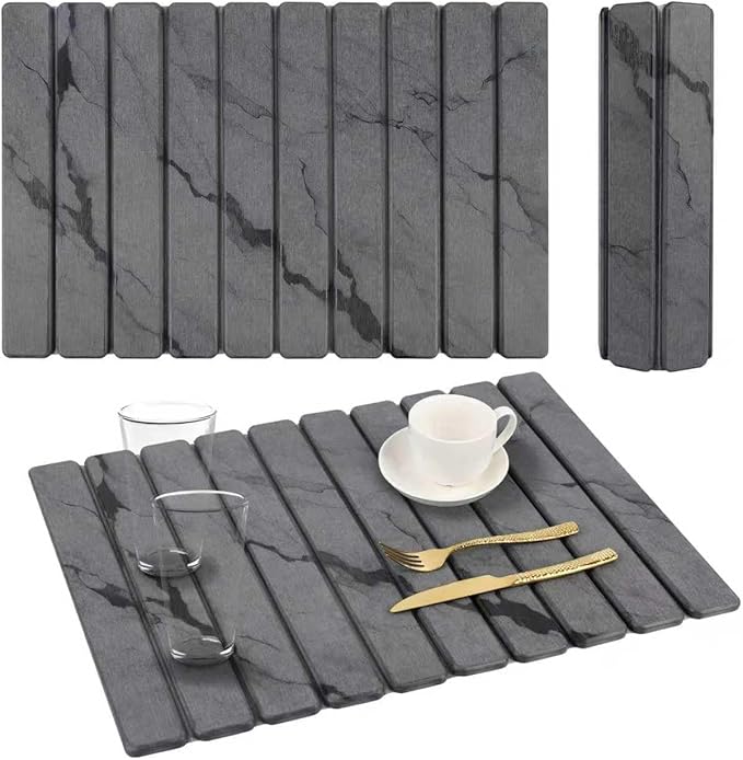 Stone Dish Drying Mat for Kitchen Counter, 24''×15'' Dishes Drying Matt Kitchen Counter, Absorbent Diatomaceous Earth Bath Quick Dry Mats for Tableware, Bottles and Cup(Dark Grey Marble)