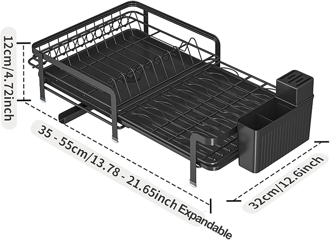 Large Dish Drying Rack with Drainboard,Expandable Dish Rack for Kitchen Counter, Utensil Holder & Cup Hooks,Rustproof Stainless Steel Drying Dish Rack 23.6’’L x 12.6’’W,Black