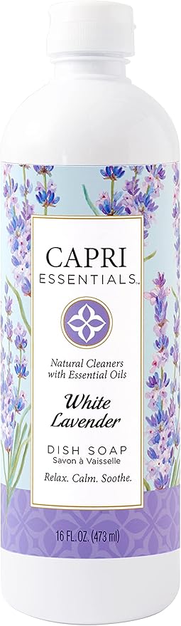 CAPRI ESSENTIALS Dish Soap Liquid, Natural Household Cleaning Supplies, Plant Based Aromatic Dish Detergent, Blend of Essential Oils with Juniper & Chamomile, White Lavender, 16 FL Oz
