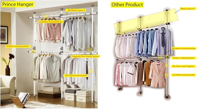 PRINCE HANGER Tension Pole Closet System — No-Renovation Hanging Storage Rack, 4-Tier Expandable Design (PHUS-0033)