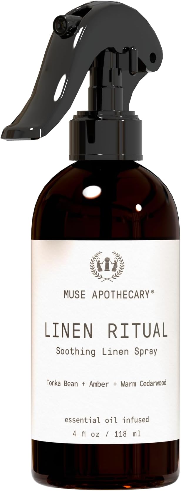 Muse Apothecary Linen Ritual - Aromatic, Soothing, and Relaxing Linen Mist, Laundry and Fabric Spray - Infused with Aromatherapy Essential Oils - 4 oz, Tonka Bean + Amber + Warm Cedarwood