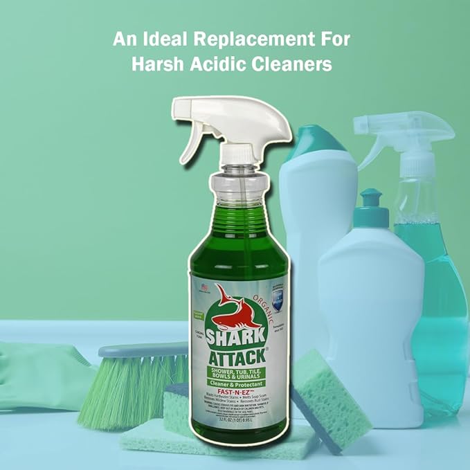 Shark Attack Organic - Bathroom Cleaner & Protectant, Shower Tile Cleaner, Soap Scum and Buildup Cleaner & Protectant - 32 oz (12)