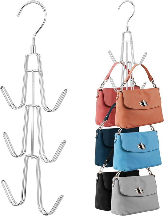 ZEDODIER Purse Organizer for Closet, 3 Pack Rotatable Sturdy Purse Hanger Bag Rack with 18 Hooks, Space Saving Handbag Backpack Holder, Closet Organizers and Storage, Silver