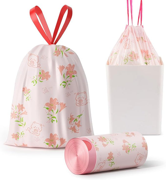Trash bags, 4 Gallon Trash Bags Drawstring, Colorful & Portable Small Trash Bags with Lily Printed, Tear-Resistant Garbage Bags 4 Gallon for Bathroom Office Trash Cans, 30 Count