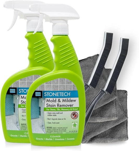 StoneTech Mold and Mildew Stain Remover Cleaning Kit | Kitchen, Patio, Shower, and Bathroom Cleaner for Natural Stone, Tile, and Grout, 2-Pack 24-Ounce Spray with Microfibers and Crevice Brushes