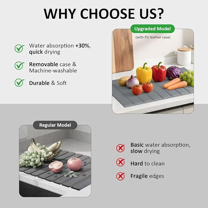 Large Stone Dish Drying Mat for Kitchen Counter 24x16 Inch - Super Absorbent Quick Dry Diatomaceous Earth with PU Leather, Foldable Space Saving Stone Bath Mats for bathroom