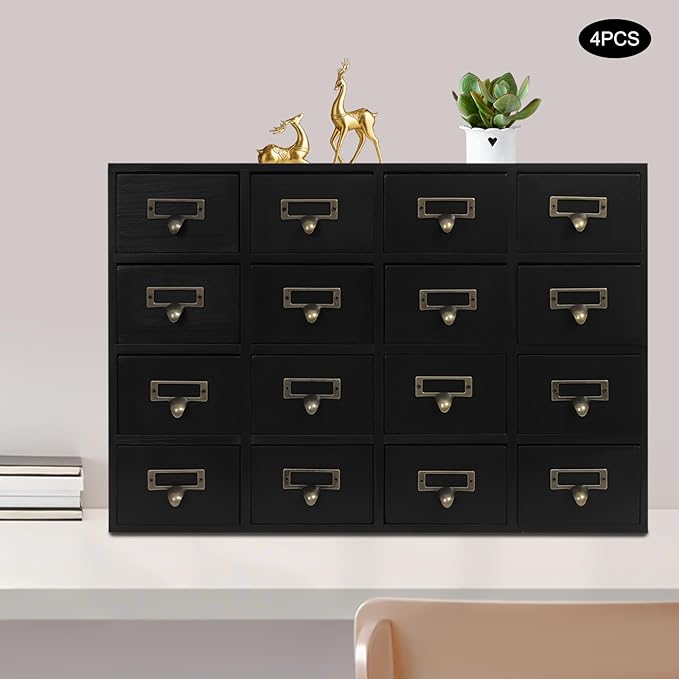 4PCS Card Catalog Desk Drawer Organizer,Wooden Vintage Apothecary Cabinet with 16 Drawers,Library Card Catalog Cabinet for Bedroom Home Office