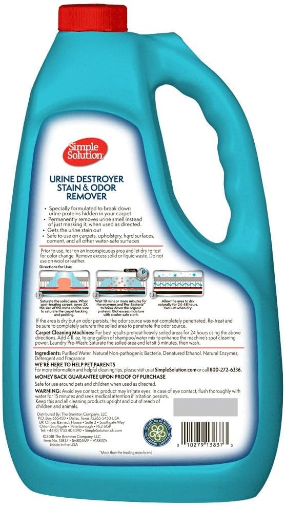 Simple Solution Urine Destroyer, Enzymatic Cleaner and Urine Odor Eliminator, Pet Stain Remover, Dog Pee Stain Destroyer, Cat Urine Neutralizer, Carpet Cleaner, Rug Deodorizer, Spot Cleaner, 1 Gallon