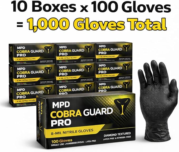 MPD Cobra Guard PRO Black 8-Mil Nitrile Gloves, Diamond Textured Torque Grip.