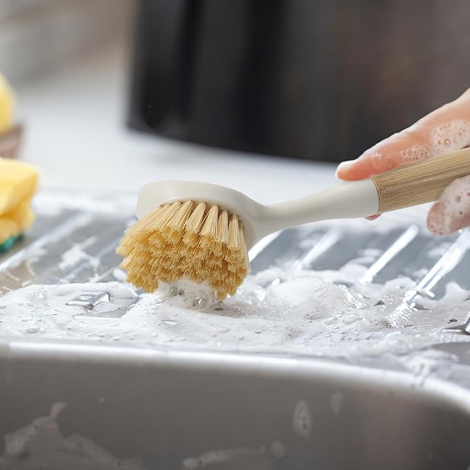 Dish Brush with Built-in Scraper - 4 Pack Bamboo Dish Scrubber Brush with Handle, Kitchen Brushes for Dishes & Pots, Sink, Eco Cleaning Tool Set