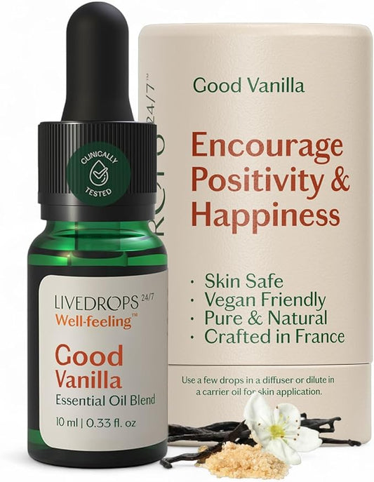 LIVEDROPS 24/7 Good Vanilla Essential Oil Blend, Natural Vegan Aromatherapy for Diffuser or Diluted Skin Use, Sweet Warm Creamy Scent, Made in France, Bottled in USA, Clinically Tested, 10ml