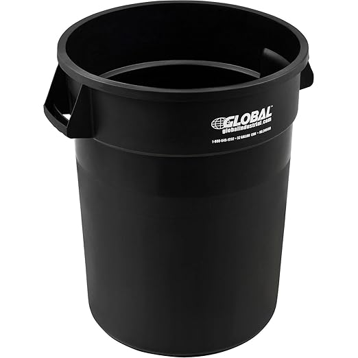 Global Industrial Commercial Round Trash Can, 32 Gallon Capacity, Plastic Garbage Can, Indoor and Outdoor Utility Trash Can, Black, 21-3/4"W x 27-1/2"H, No Lid