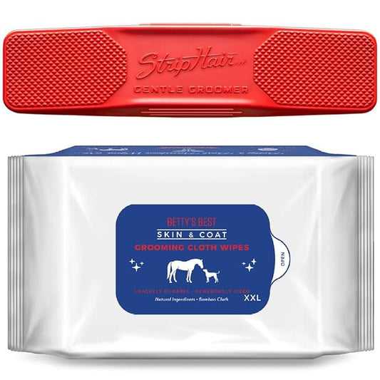StripHair DOG Horse Grooming Set 2pc Gentle Groomer 6-in-1 Shedding Massage Brush Pet Hair Remover Tool (flexi red) + Dog Pet Wipes (8x8in)