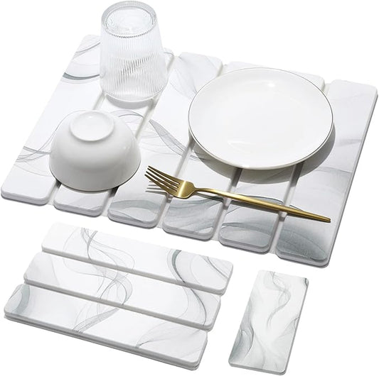 Small Stone Dish Drying Mat for Kitchen Counter, 2 PCS 16"×12" & 8"x4" Quick Dry Stone Mats, Foldable Water Absorbing Diatomaceous Earth Drying Dish Pad for Countertop Bottle Utensil Cup(White Gray)