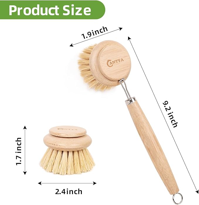 Bamboo Scrub Brush with Handle - Soft Bristles, Non Toxic Dish Brush, Compostable & Biodegradable, Bamboo Dish Scrubber for Cookware, Bowls and Plates, Non-Stick Pans