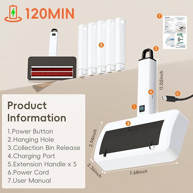 Lintlock Pet Hair Remover for Carpet, Electric Lint Roller Adjustable Handle Reusable Carpet Rake Dog Cat Hair Removal Tool for Carpets, Rugs, Furniture