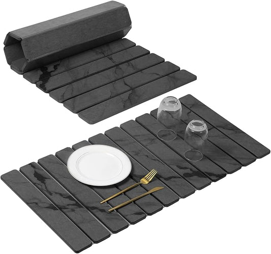 Extra Large Stone Dish Drying Mat for Kitchen Counter, Quick Dry Stone Dishes Mats, Foldable Water Absorbing Diatomaceous Drying Pad for Countertop Bottles Utensils Cups Bathroom(Dark Gray 32"×16"）