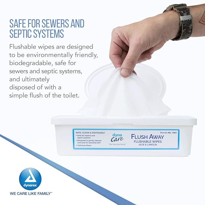 Dynarex DynaCare Flushable Wipes, Bathroom Hygiene Wipes for Adults, Alcohol Free, Safe for Sewers and Septic Systems, 9” x 13” wipes, 1 Case of 9 Tubs (60 Wipes per Tub) [Packaging May Vary]