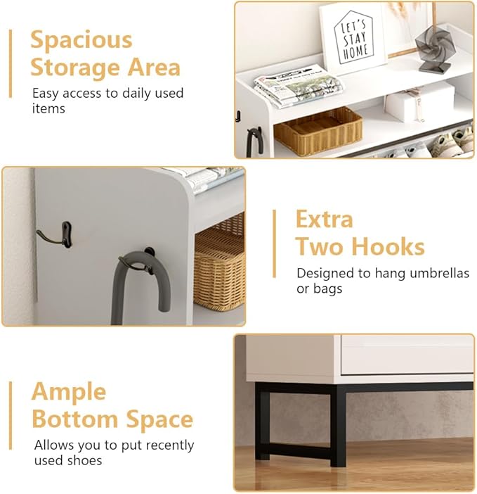 Shoe Cabinet with 2 Flip Drawers, Freestanding Hidden Shoe Storage Organizer for Entryway, Narrow Slim Shoe Rack Cabinet with Open Storage & Hooks for Front Door Entrance, Living Room, Hallway, White