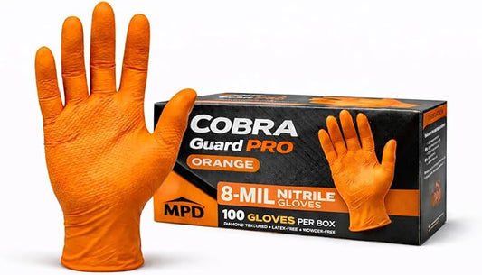 MPD Cobra Guard PRO Orange 8-Mil Nitrile Gloves, Diamond Textured Torque Grip, Heavy-Duty Disposable Work Gloves