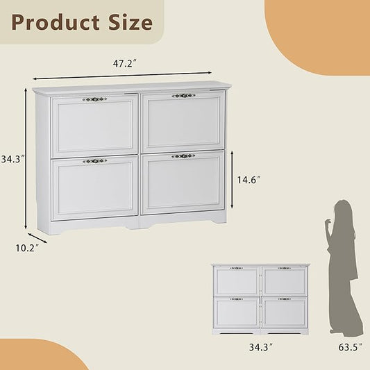 Large Shoe Cabinet for Entryway, 4 Flip Drawer Organizer with Adjustable Shelves, Wooden Slim Shoe Storage Cabinet and Rack for Closet, Hallway, Foyer