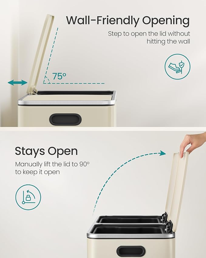 SONGMICS Trash Can, 2 x 10.6 Gallon (2 x 40 L) Garbage Can for Kitchen, with 15 Trash Bags, 2 Compartments, Plastic Inner Buckets and Hinged Lids, Airtight, Almond Color ULTB730A01V1