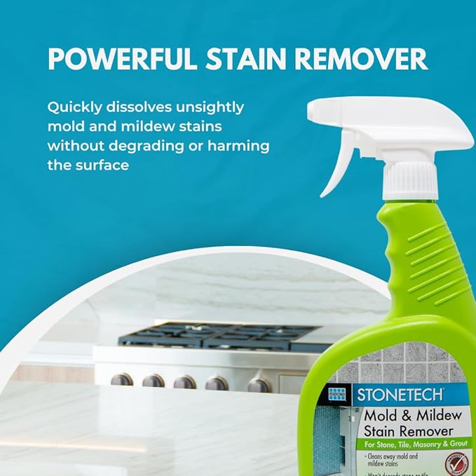 StoneTech Mold and Mildew Stain Remover Cleaning Kit | Kitchen, Patio, Shower, and Bathroom Cleaner for Natural Stone, Tile, and Grout, 2-Pack 24-Ounce Spray with Microfibers and Crevice Brushes